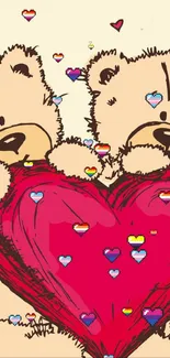 Teddy bears holding a big red heart on wallpaper.