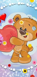 Cute teddy bear holding a heart surrounded by flowers.