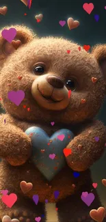 Cute teddy bear holding a heart surrounded by hearts on mobile wallpaper.