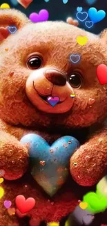 Cute teddy bear with a heart and colorful hearts in the background.