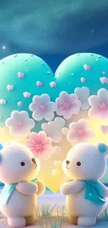 Two teddy bears with a pastel heart background.