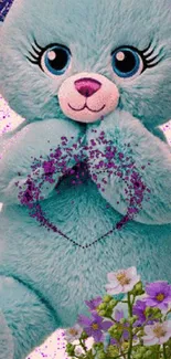 Cute light blue teddy bear with purple heart and flowers wallpaper.