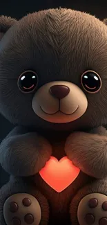 Cute teddy bear holding a glowing heart for mobile wallpaper.