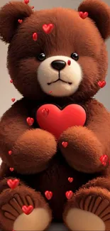 Adorable brown teddy bear holding a red heart on a soft background.