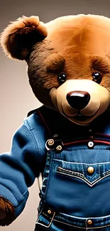 Charming teddy bear in blue overalls for mobile wallpaper.