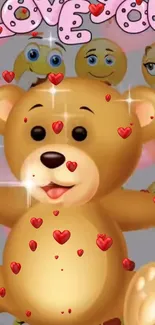 Cute teddy bear with hearts and emojis on mobile wallpaper.