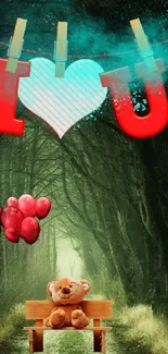 Cute teddy bear with love message in a dark forest setting.