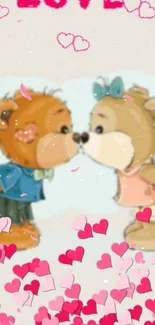 Cute teddy bears kissing with hearts.