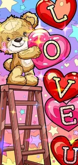 Cute teddy bear with hearts saying 'Love U' on colorful background.