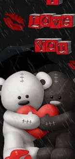 Teddy bears hugging in the rain with 'I Love You' text on a dark background.