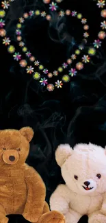 Mobile wallpaper with teddy bears and floral heart on black.