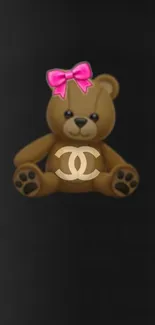 Cute teddy bear with pink bow on black background.