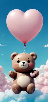 Teddy bear holding a pink heart balloon, floating in the sky.