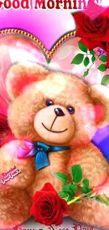 Teddy bear with red roses and heart background wallpaper.