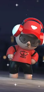 Cute red teddy bear wearing headphones with a peace sign on its shirt.