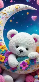 White teddy bear on a colorful crescent moon with flowers and hearts.