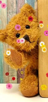 Teddy bear peeking from behind wood with colorful background.