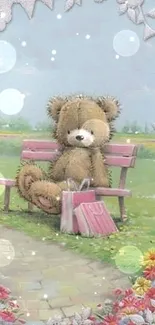 Cute teddy bear on a park bench with flowers and a gift bag.