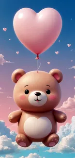 Cute teddy bear with heart balloon in the sky.