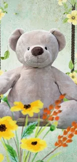 Teddy bear on swing with flowers wallpaper.