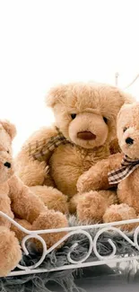 Three cuddly teddy bears on a fluffy background.