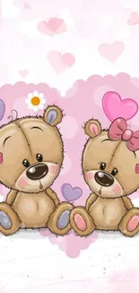 Cute cartoon teddy bears with pink hearts.