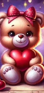 Cute teddy bear holding a heart, surrounded by candles.