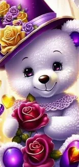 Cute teddy bear with roses and hearts.