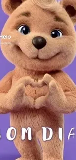 Cute teddy bear on purple background with 'Bom Dia' text.