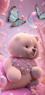 Cute teddy bear with blue butterflies and pink flowers background.