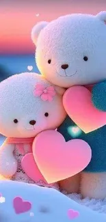 Cute teddy bears holding pink hearts in a snowy background.