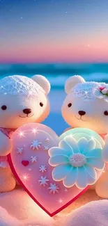 Two cute teddy bears holding a heart at the beach.