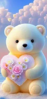 Adorable teddy bear with floral heart on pastel background.