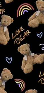 Cute teddy bear wallpaper with love doodles and colorful designs on black background.