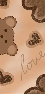 Cute teddy bear and love hearts wallpaper in brown tones.