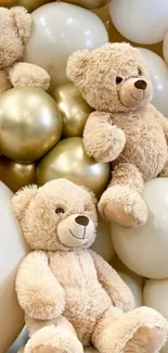 Cute teddy bears surrounded by cream and gold balloons.