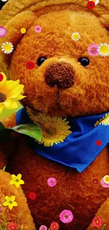 Cute teddy bear holding sunflower, wearing a straw hat in a field.