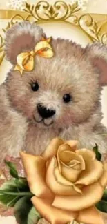 Cute teddy bear with bow and roses on a golden background.