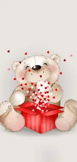 Cute teddy bear with heart box on beige background.