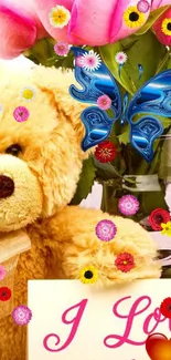 Cute teddy bear with flowers and butterfly wallpaper.