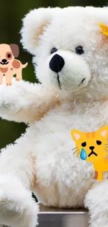 Cute teddy bear on a green background with small animal designs.