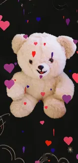 Cute teddy bear with hearts on black background.