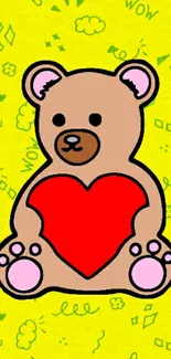 Cute teddy bear with red heart on yellow vibrant background.