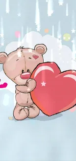 Cute teddy bear holding a big heart on a pastel blue background.