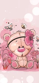 Cute teddy bear with bees and pink flowers wallpaper.