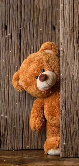 Cute teddy bear peeking from rustic wood wall in cozy wallpaper.