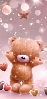 Cute teddy bear with hearts and sparkles wallpaper.