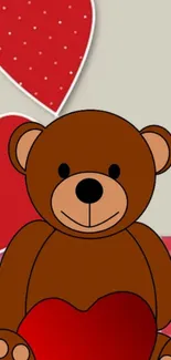 Cute teddy bear with hearts on checkered background.