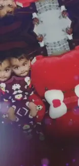 Mirrored image of child with red teddy bear in cute wallpaper.