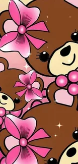 Cute teddy bears with pink bows on a vibrant wallpaper.